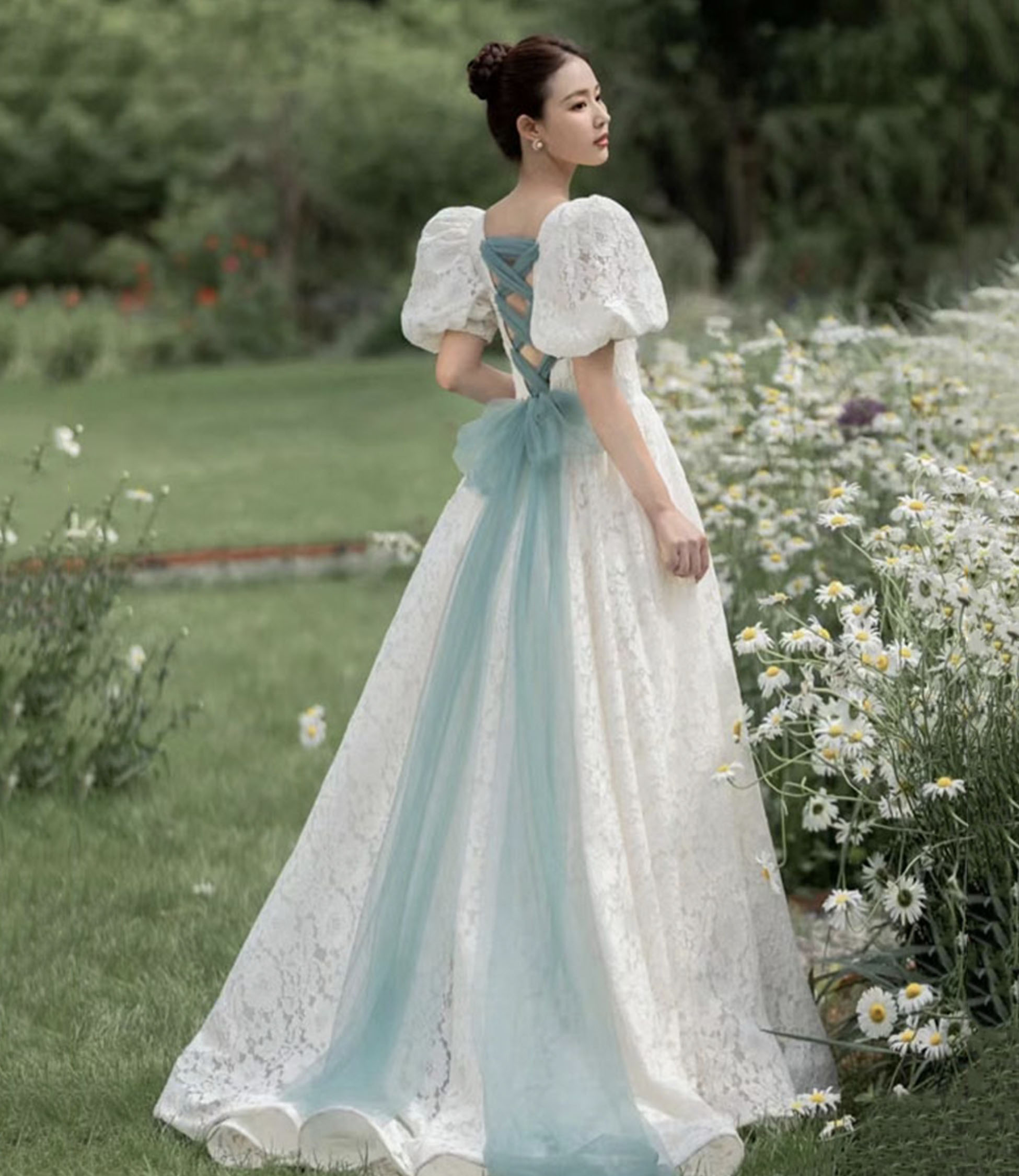 White lace long prom dress A-line evening dress