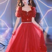 Red tulle sequins short prom dress homecoming dress - Thumbnail 4