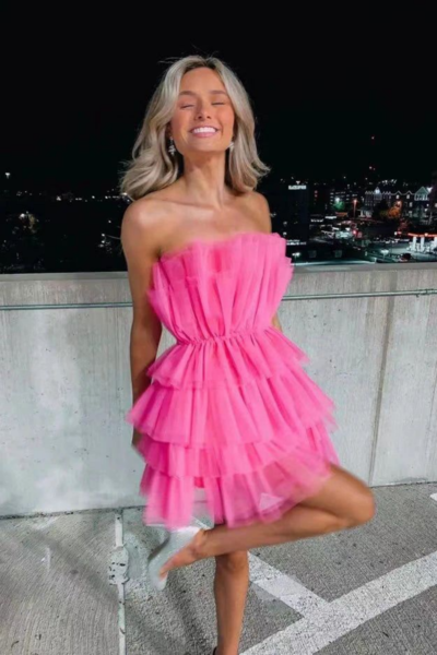 SP2252,Hot Pink Strapless Tiered Short Homecoming Dresses,Cute A Line Sweet 16 Dress