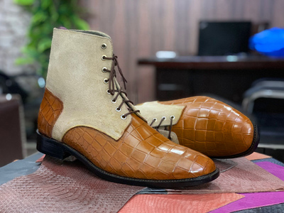 Handmade Ankle High Leather & Suede Boot, Alligator skin Texture Cow Leather Lace Up Boot
