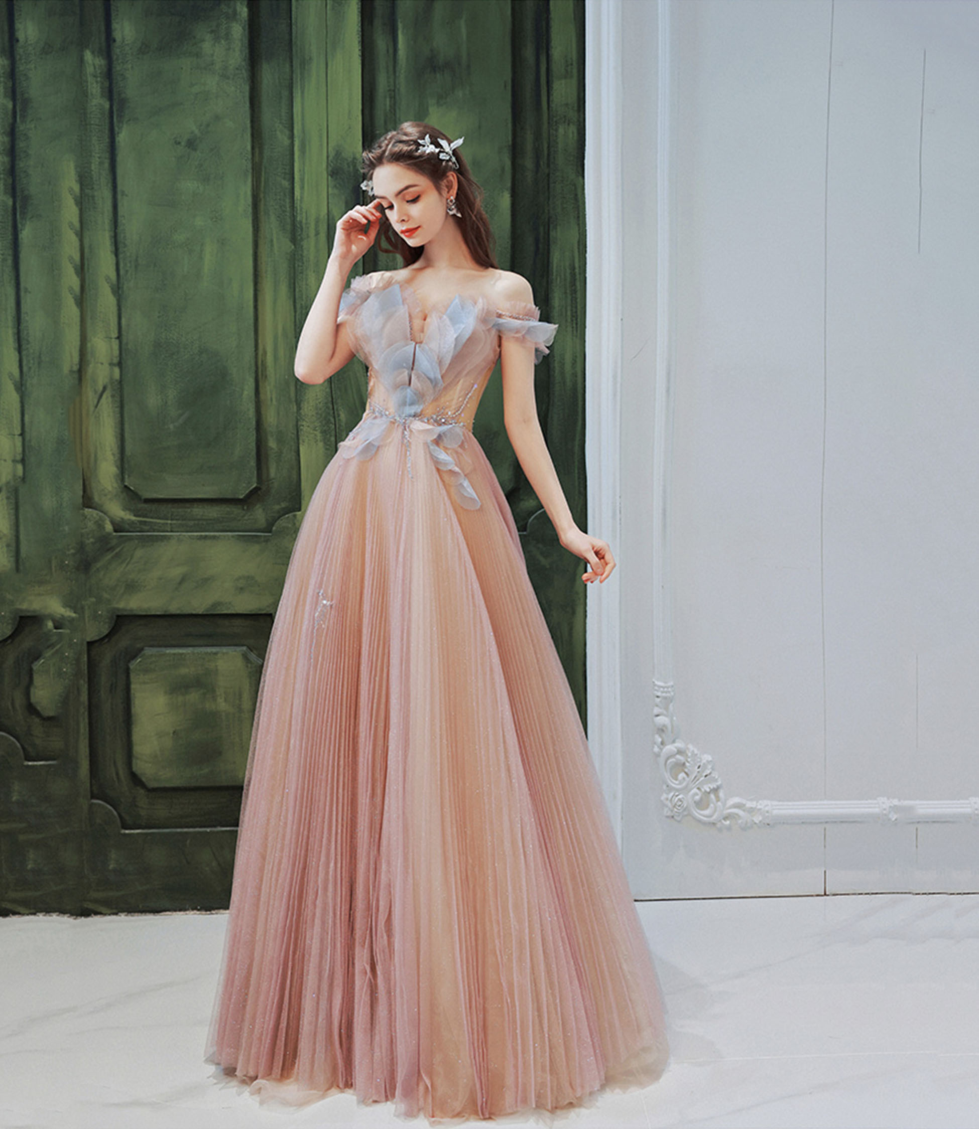 Pink tulle long prom dress A-line evening dress
