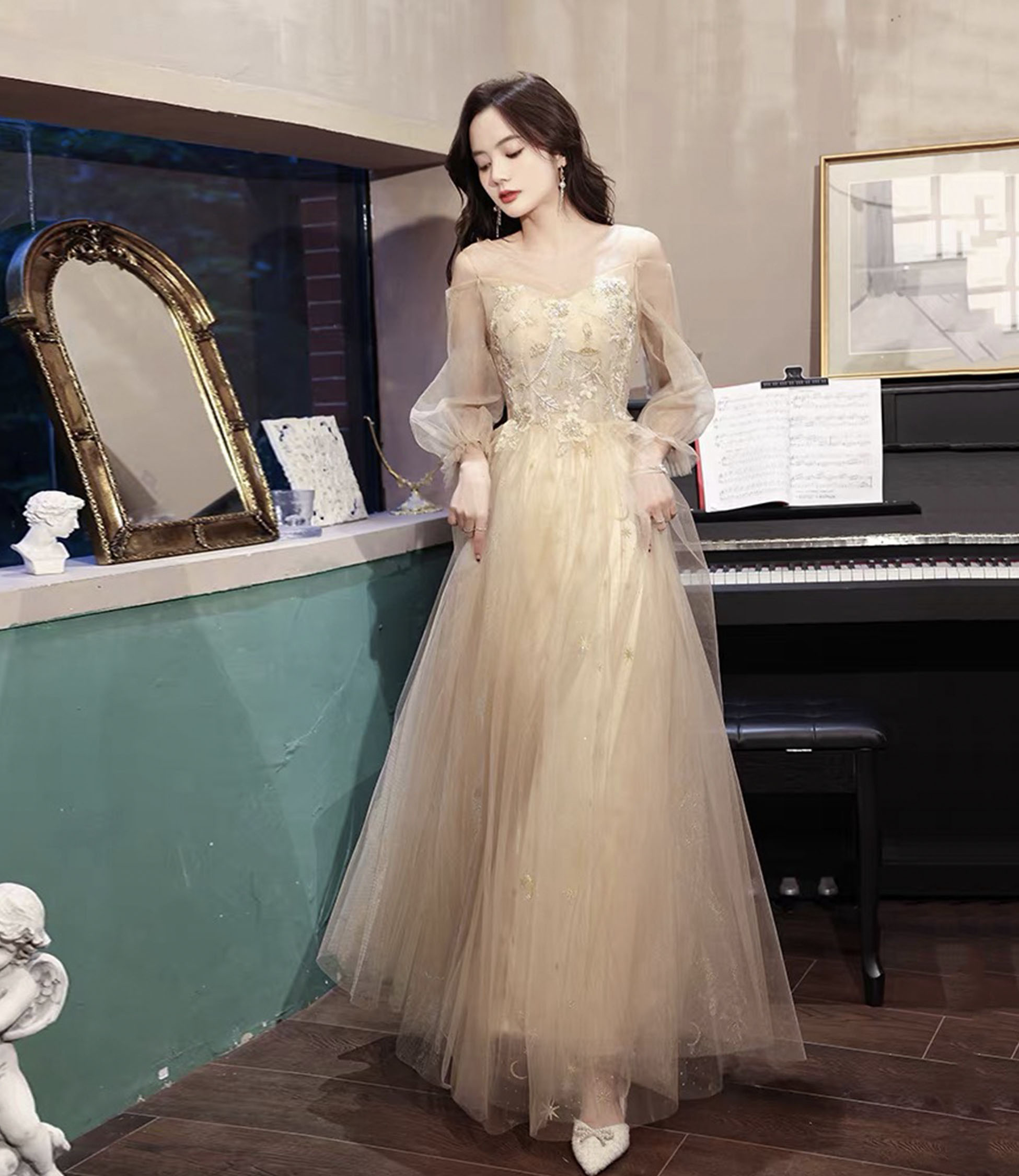 Champagne tulle lace long prom dress A-line evening dress