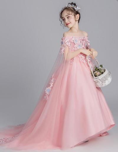 Off the Shoulder Princess Floral Pink Flower Girls Dress