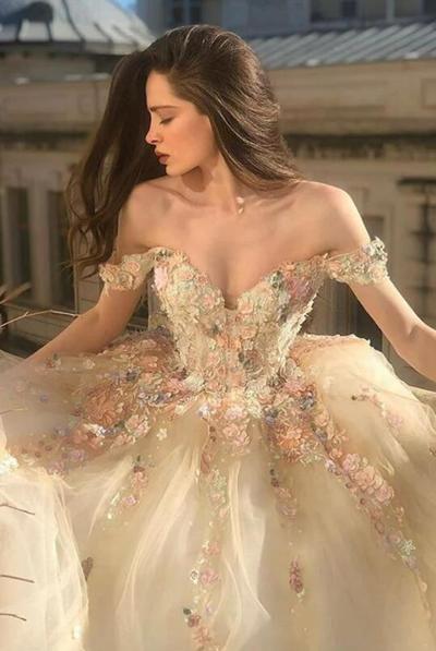 Gorgeous Off Shoulder Champagne Floral Tulle Long Prom Dress With Lace