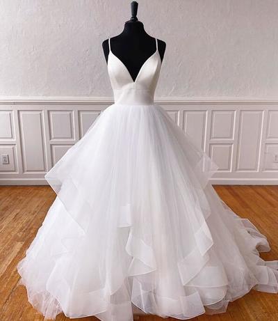Princess White v neck tulle long prom dress