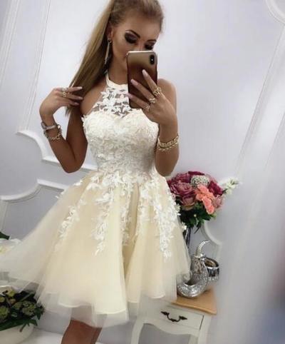 Sexy champagne tulle short prom dress with lace