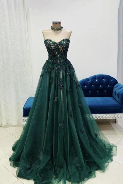 A line green lace long prom evening dress