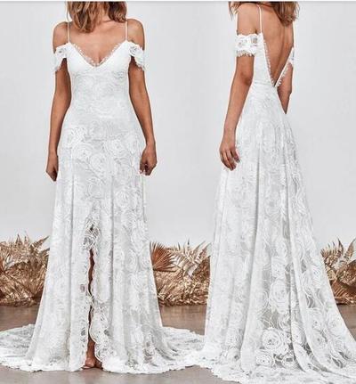 Marvelous A-Line Spaghetti Straps Lace Boho Wedding Dresses with Slit,904