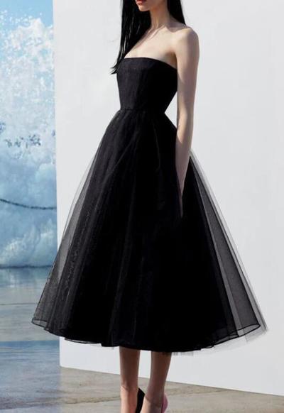 A line strapless black tulle tea length prom dress