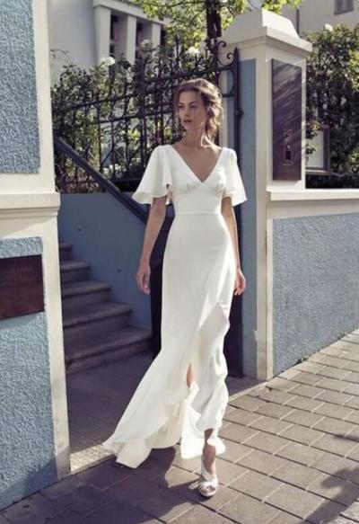A Line half sleeve evening dress v neck ivory prom dress