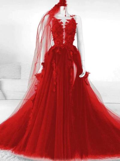 Elegant Backless Tulle Modest Prom Dress With Appliques