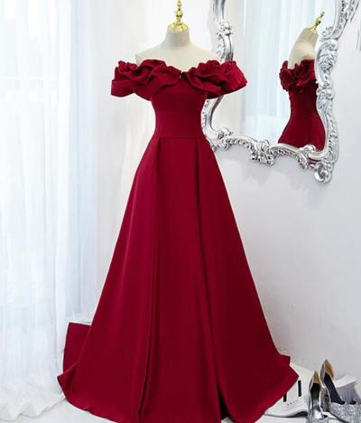 Off Shoulder Burgundy A Line Prom Dresses