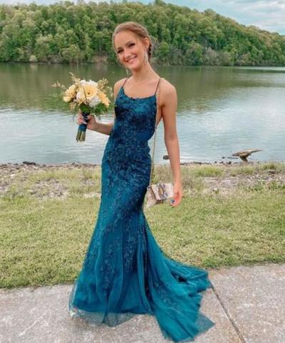 Mermaid lace long formal dress with train
