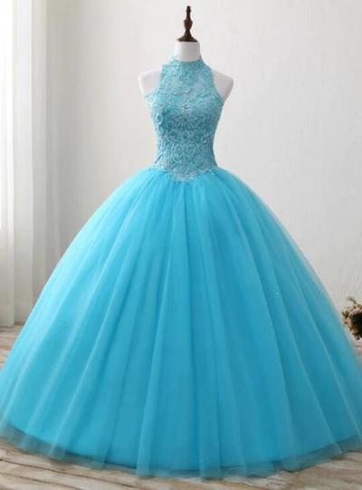 High Neck Bal Gown Blue Rulle Lace Appliques Backless Prom Dress
