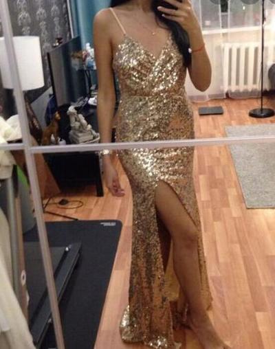 Spaghetti Straps A Line Sparkly Slit Prom Dresses