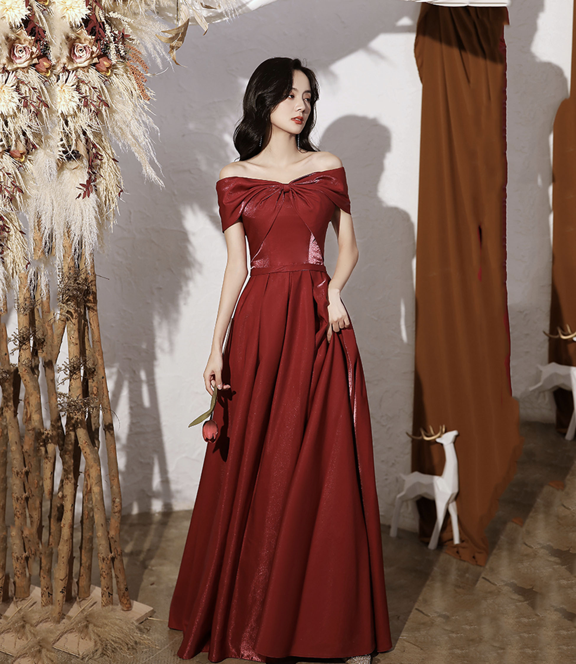 Burgundy satin long prom dress A-line evening dress