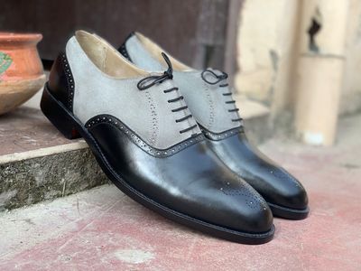 Men's Two Tone Brogue Leather Lace Up Suede Boot, Handmade Dress Shoes