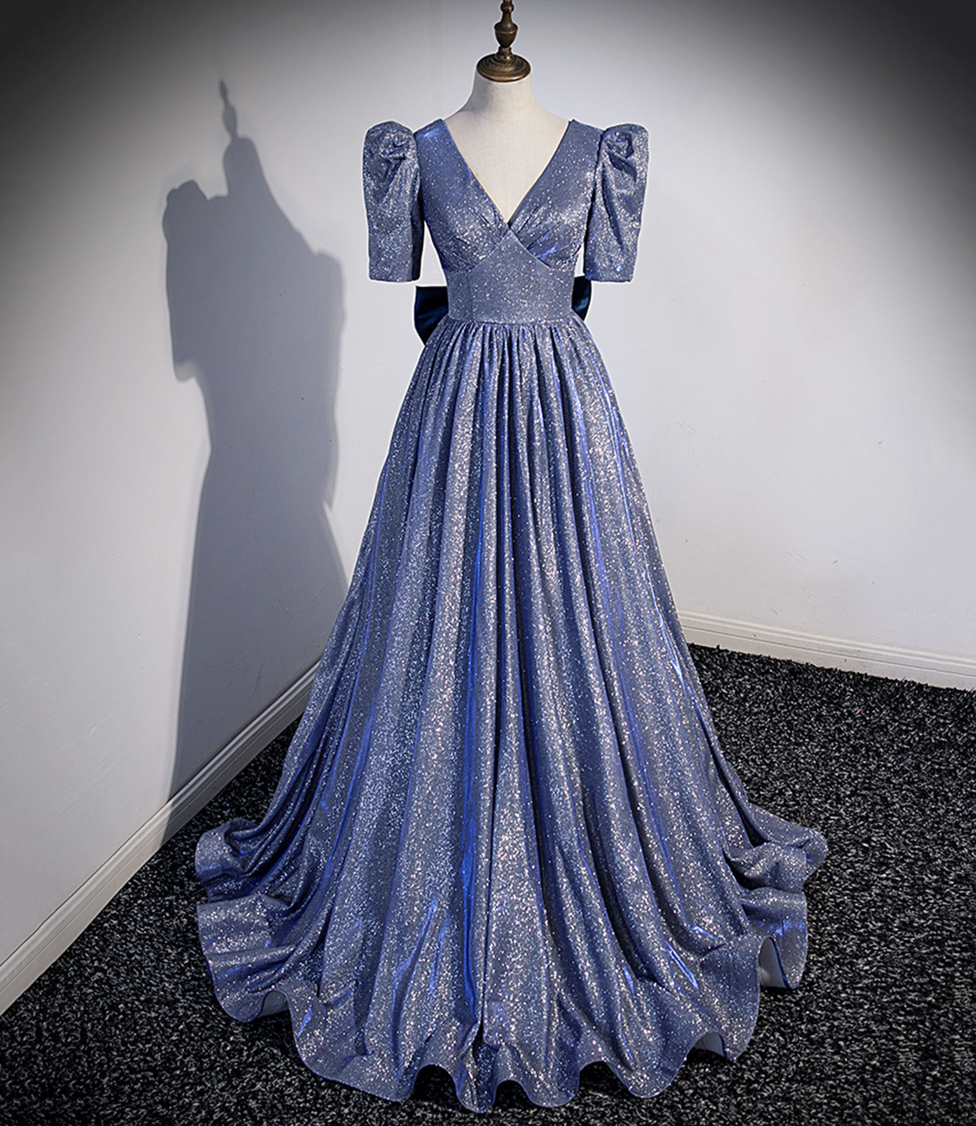 Blue V-neck sequins long prom dress A-line evening dress