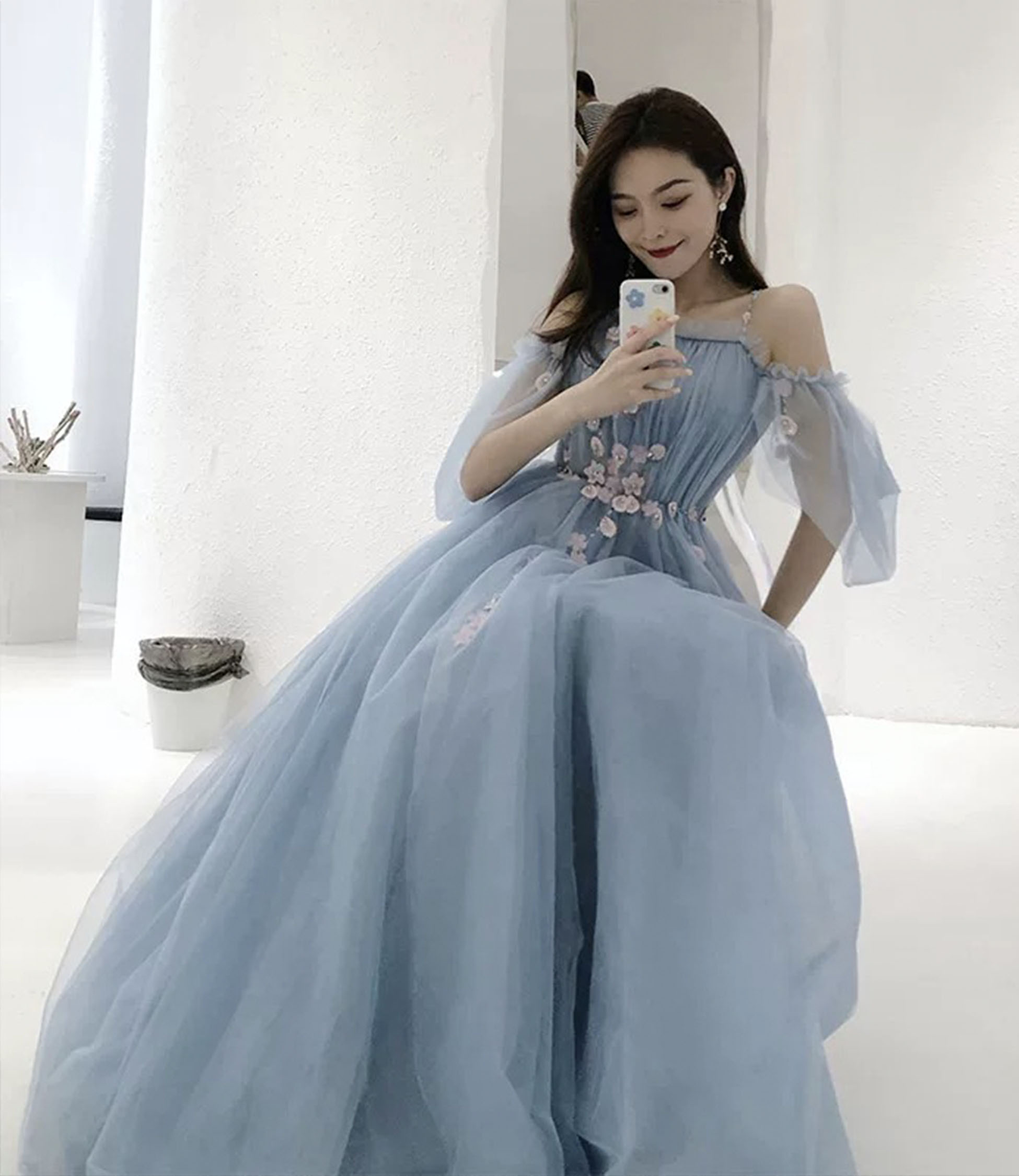 Blue tulle long A-line prom dress blue evening dress