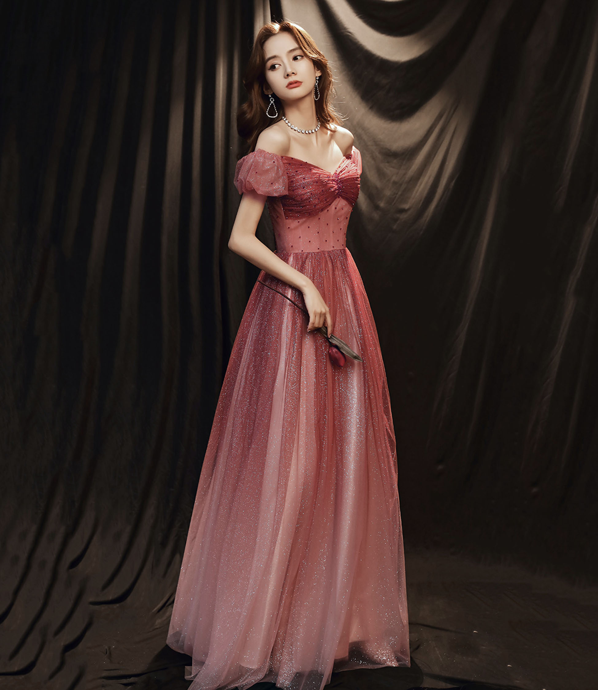 Burgundy tulle sequins long prom dress evening dress