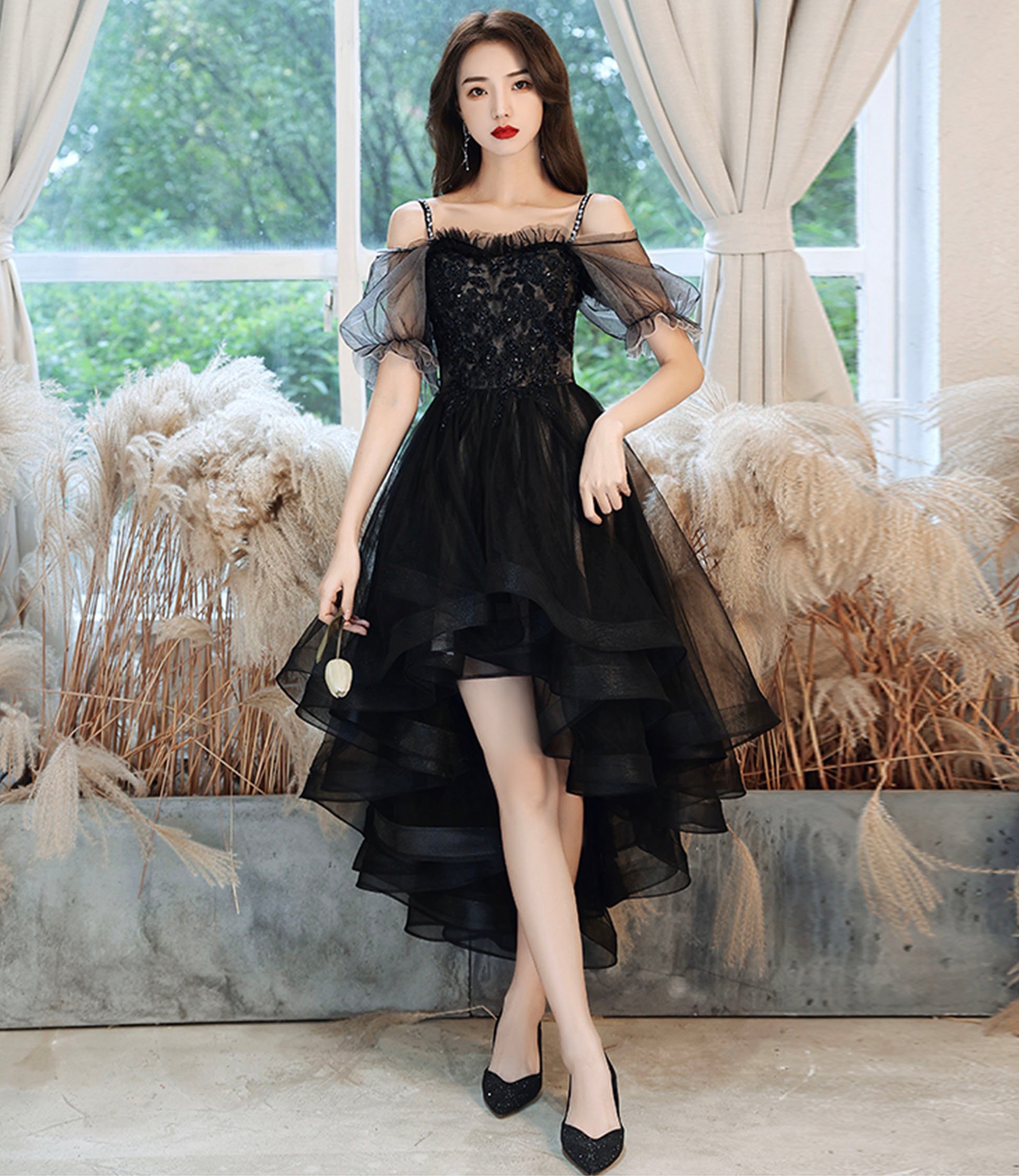 Black tulle lace high low prom dress homecoming dress