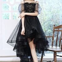 Black tulle lace high low prom dress homecoming dress - Thumbnail 2