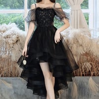 Black tulle lace high low prom dress homecoming dress - Thumbnail 4