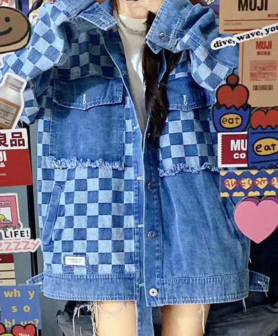 Checkboard Patchwork Pocket Denim Jacket
