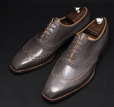 Handmade Top Rated Decent Grey Wingtip Style Leather Lace Up Shoes