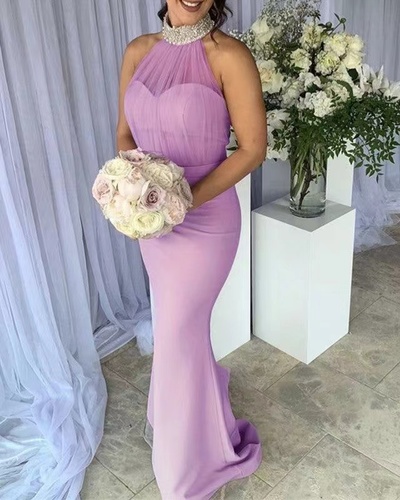 High Neck Prom Dresses with Beaded Mermaid