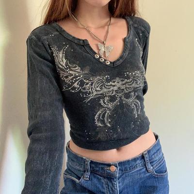 Crystal Rhinestone Butterfly Print Long Sleeve T-shirt