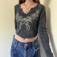 Crystal Rhinestone Butterfly Print Long Sleeve T-shirt - Thumbnail 2