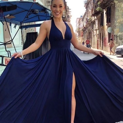 Halter navy blue prom dresses slit side  - Thumbnail 1