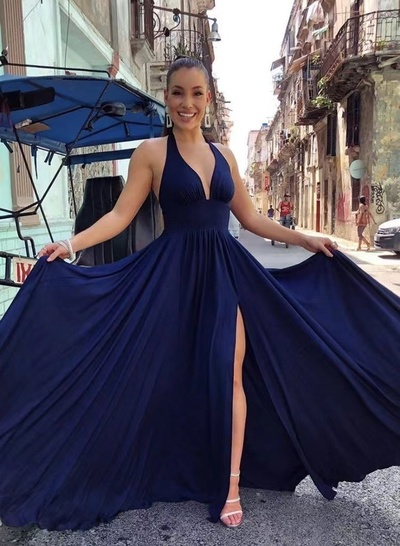 Halter Navy Blue Prom Dresses Slit Side
