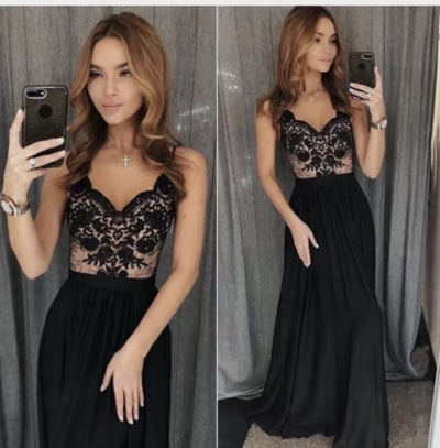 Straps Prom Dresses Black Slit Side with Lace