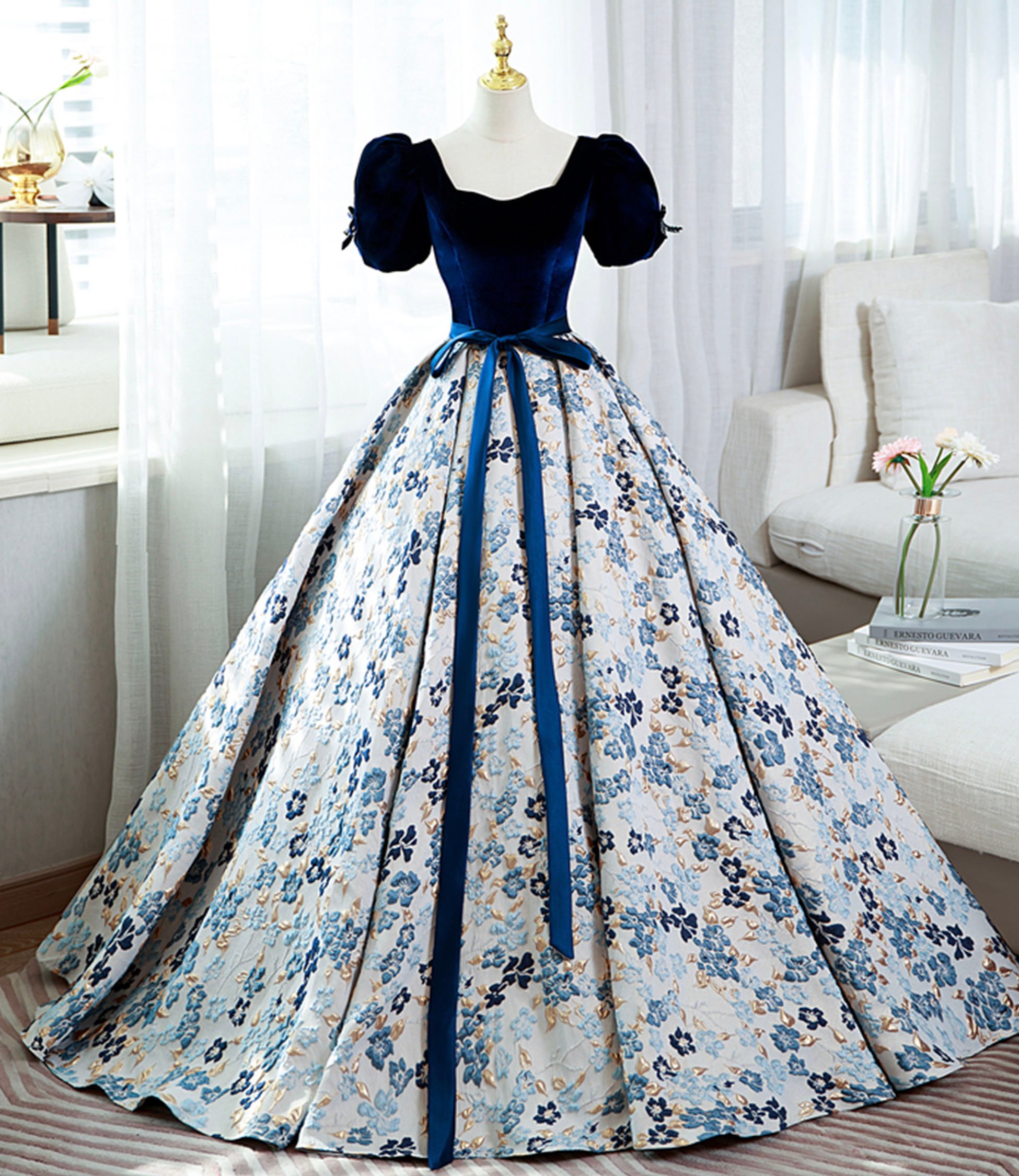 Blue velvet satin long ball gown dress formal dress