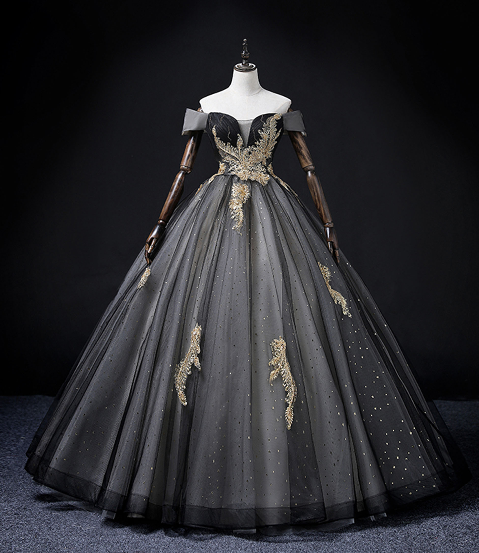 Black tulle lace long ball gown balck evening gown