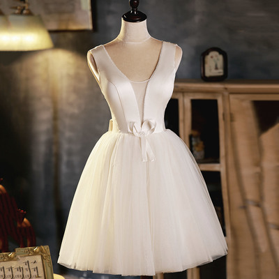Champagne v-neck tulle short prom dress homecoming dress - Thumbnail 2