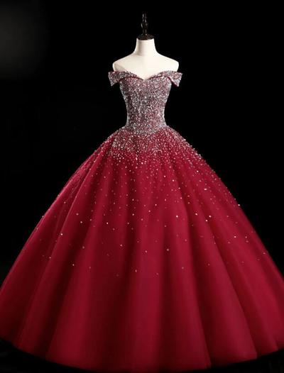 Off Shoulder Burgundy Tulle Sequin Prom Dress