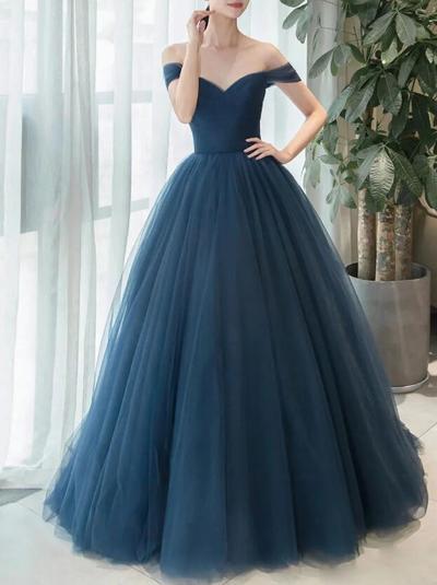 Off Shoulder V Neck Tulle Prom Dresses