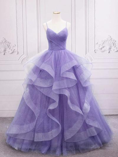 A Line Purple V Neck Tulle Party Dress