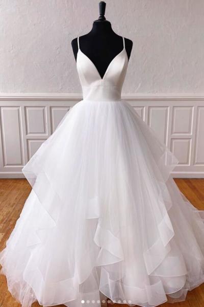 A Line White v neck tulle long prom dress