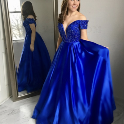 Off shoulder royal blue prom dresses with rhinestones  - Thumbnail 2