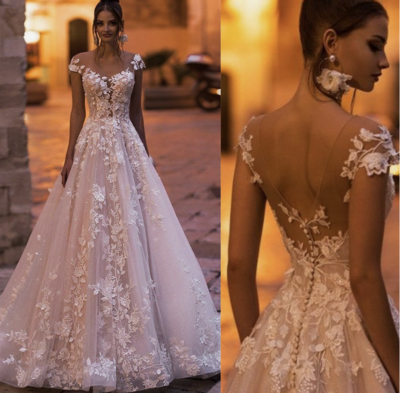 Sheer Neck Wedding Dresses Bridal Gown with Lace Appliques