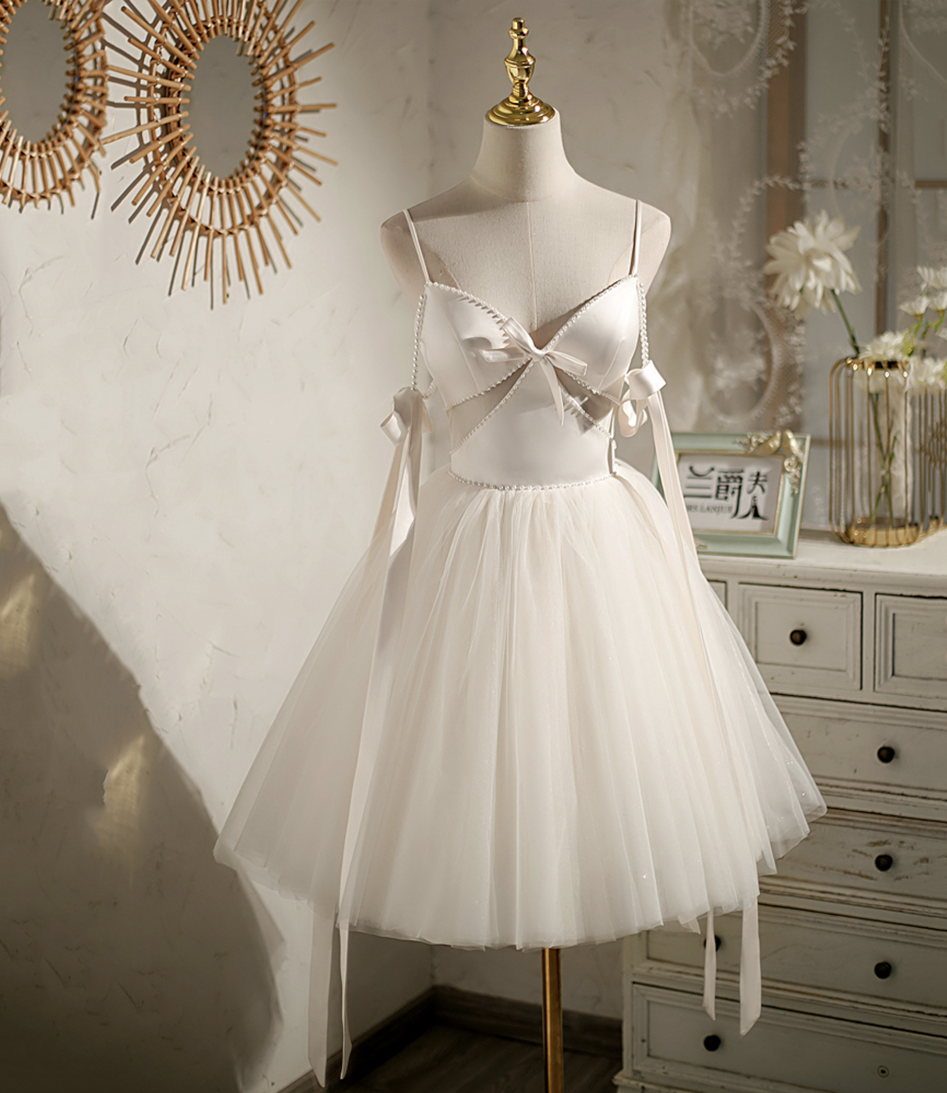 Champagne V-neck tulle short prom dress party dress