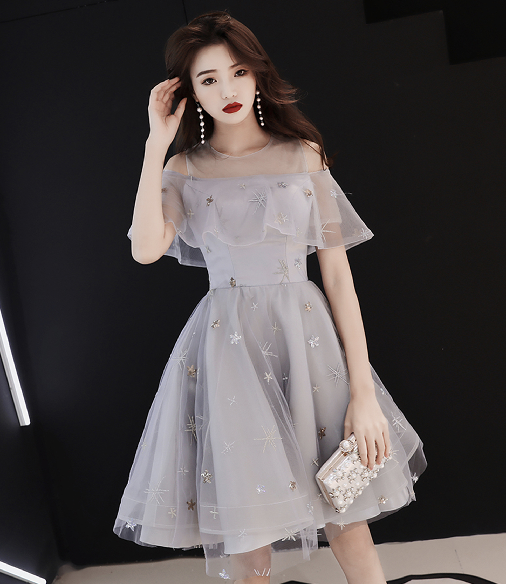 Gray tulle short A-line prom dress homecoming dress