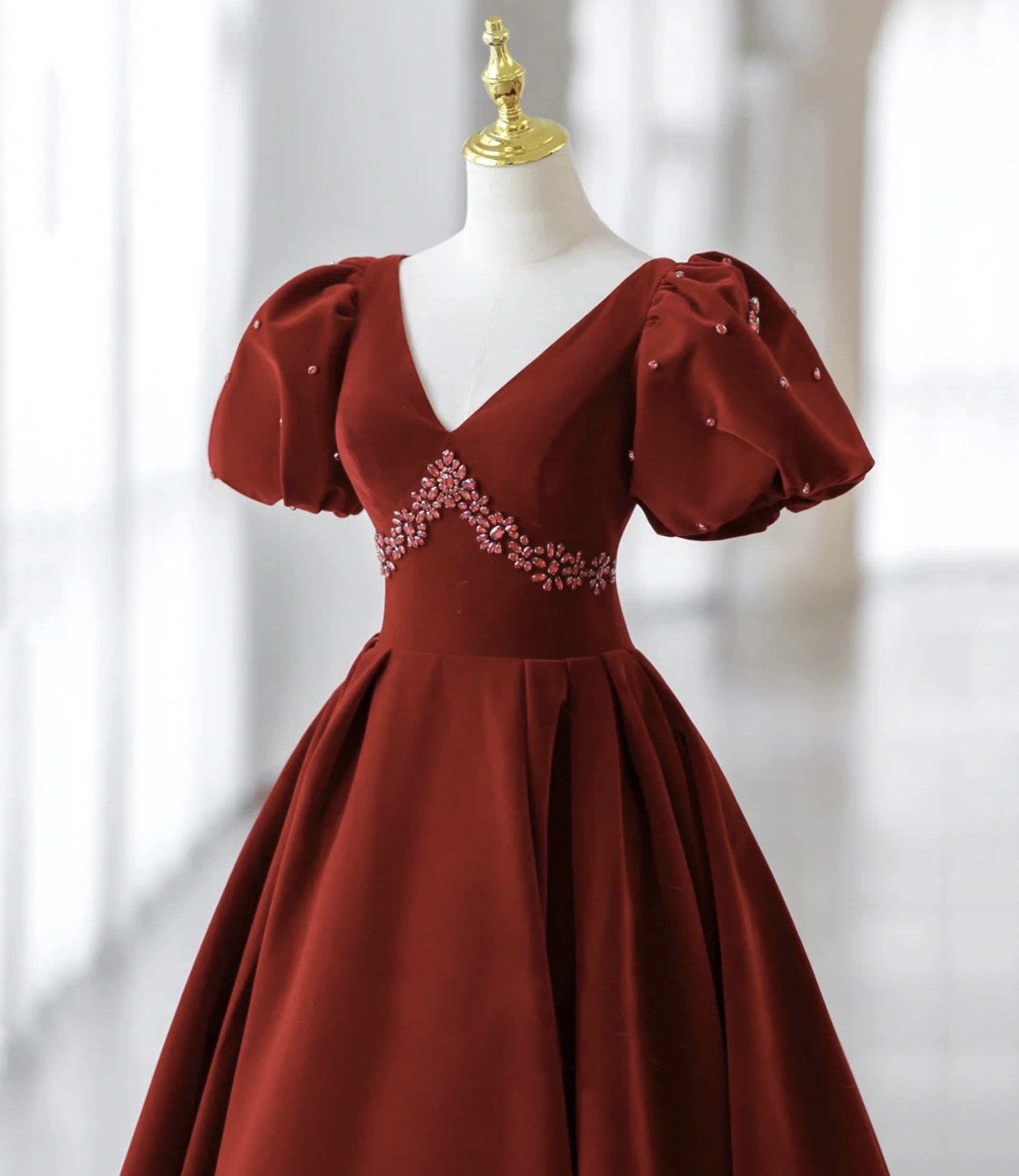 Burgundy V-neck velvet long prom dress evening dress