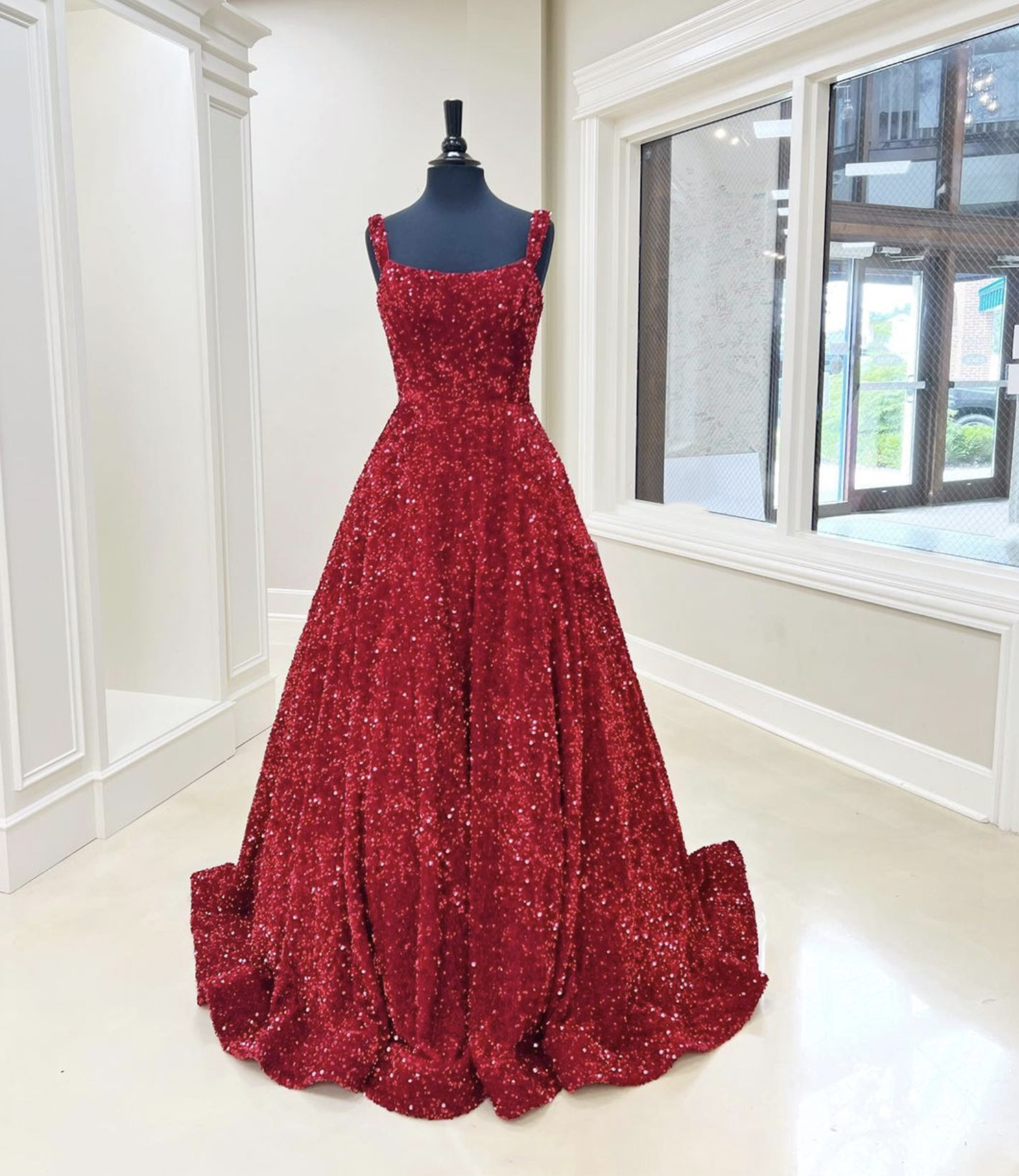 Burgundy sequins long prom dress A-line evening dress