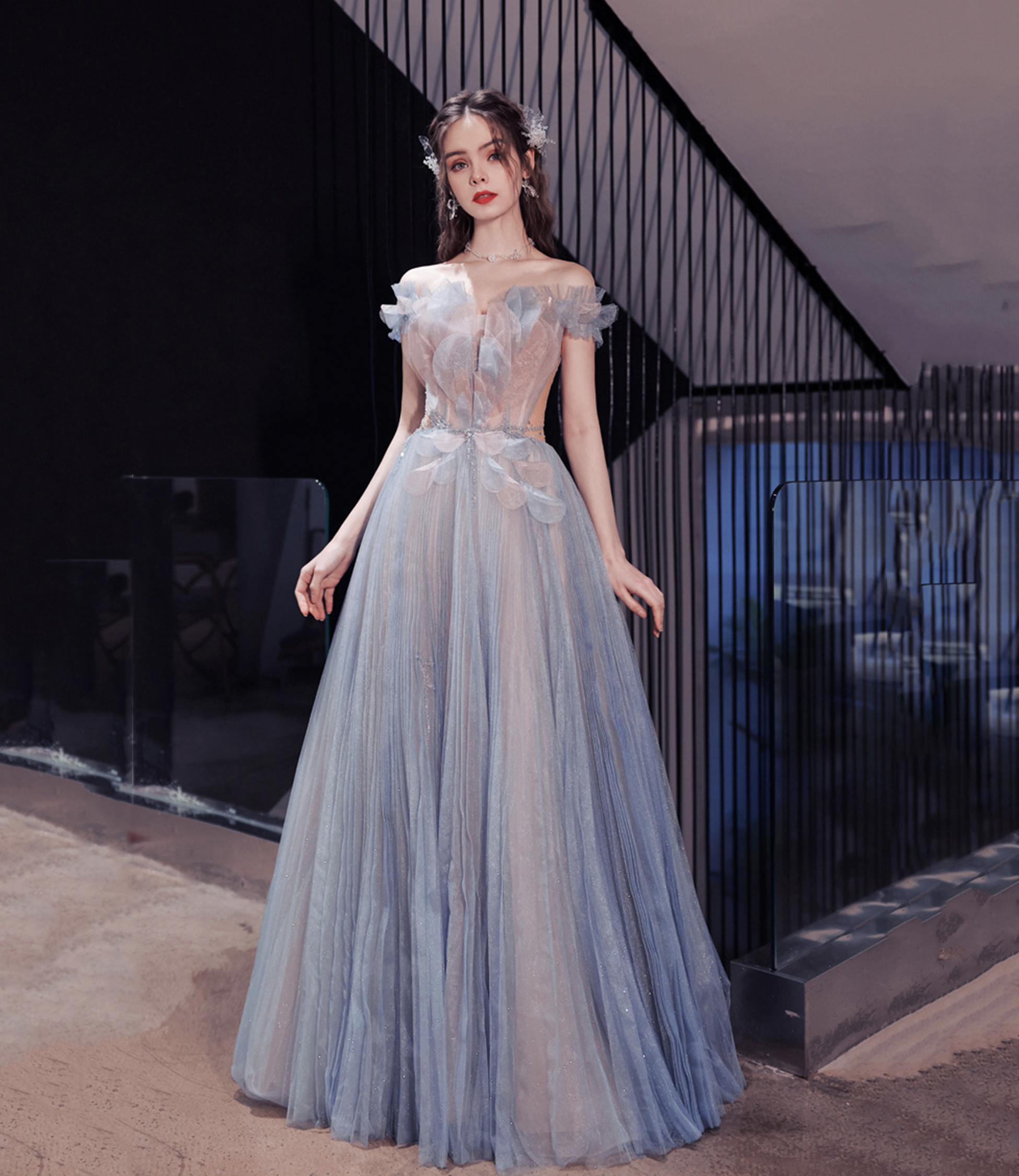 Blue tulle long A-line prom dress blue evening dress