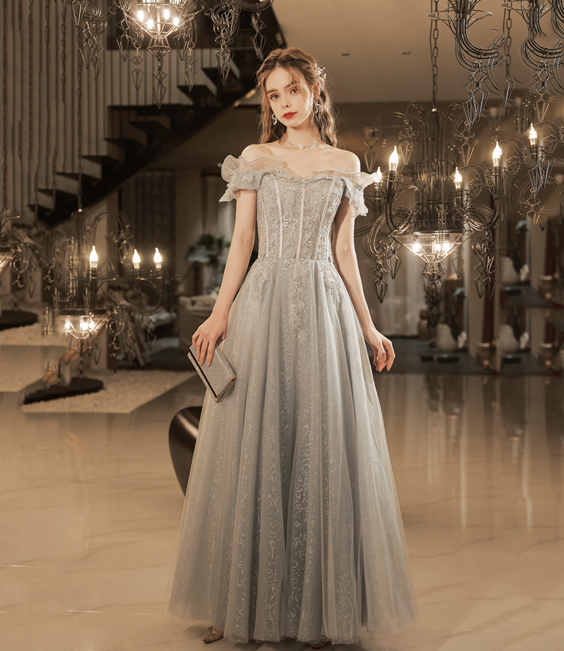 Gray tulle lace long prom dress A-line evening dress